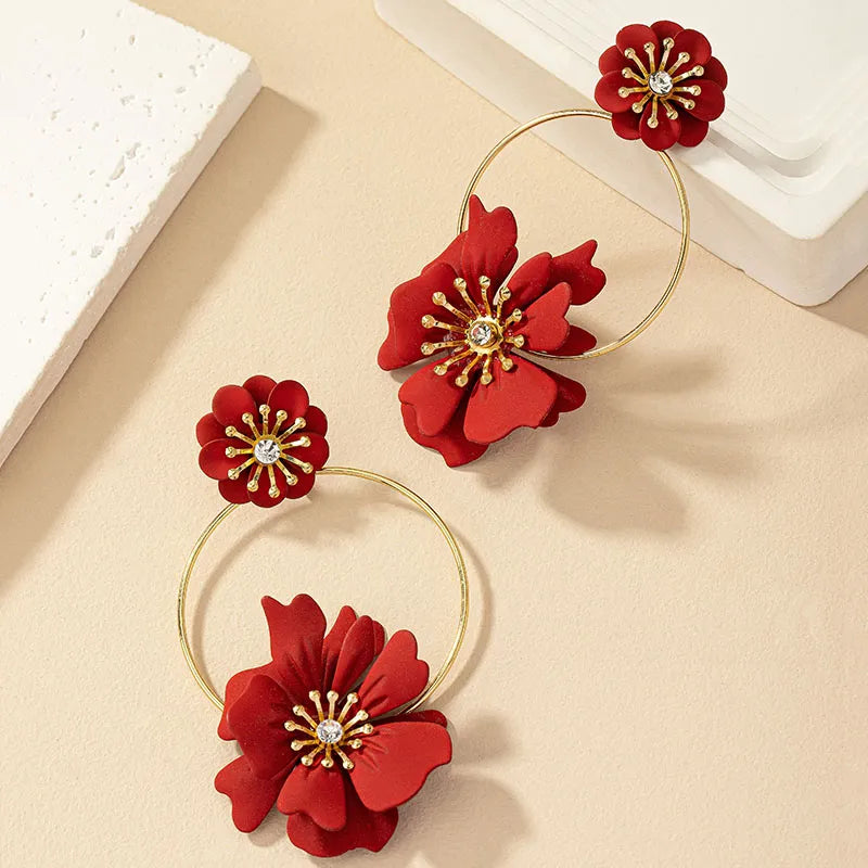 Boucle D'oreille Fleur Rouge (Fantaisie)