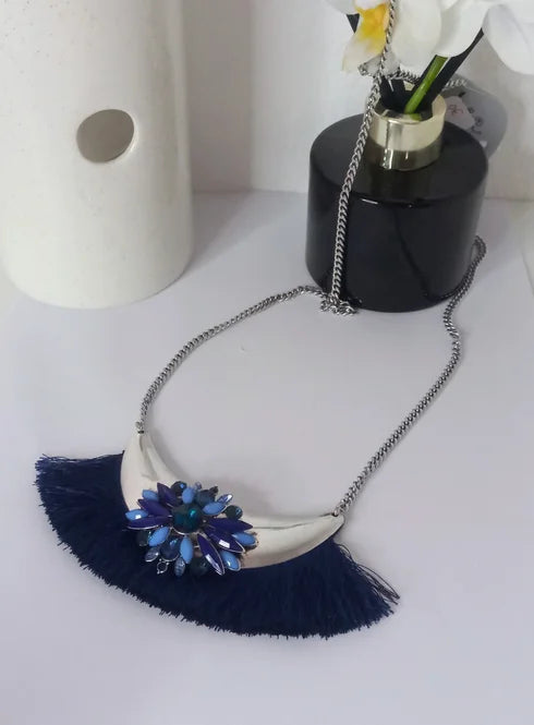 Silver long necklace with blue fringe 