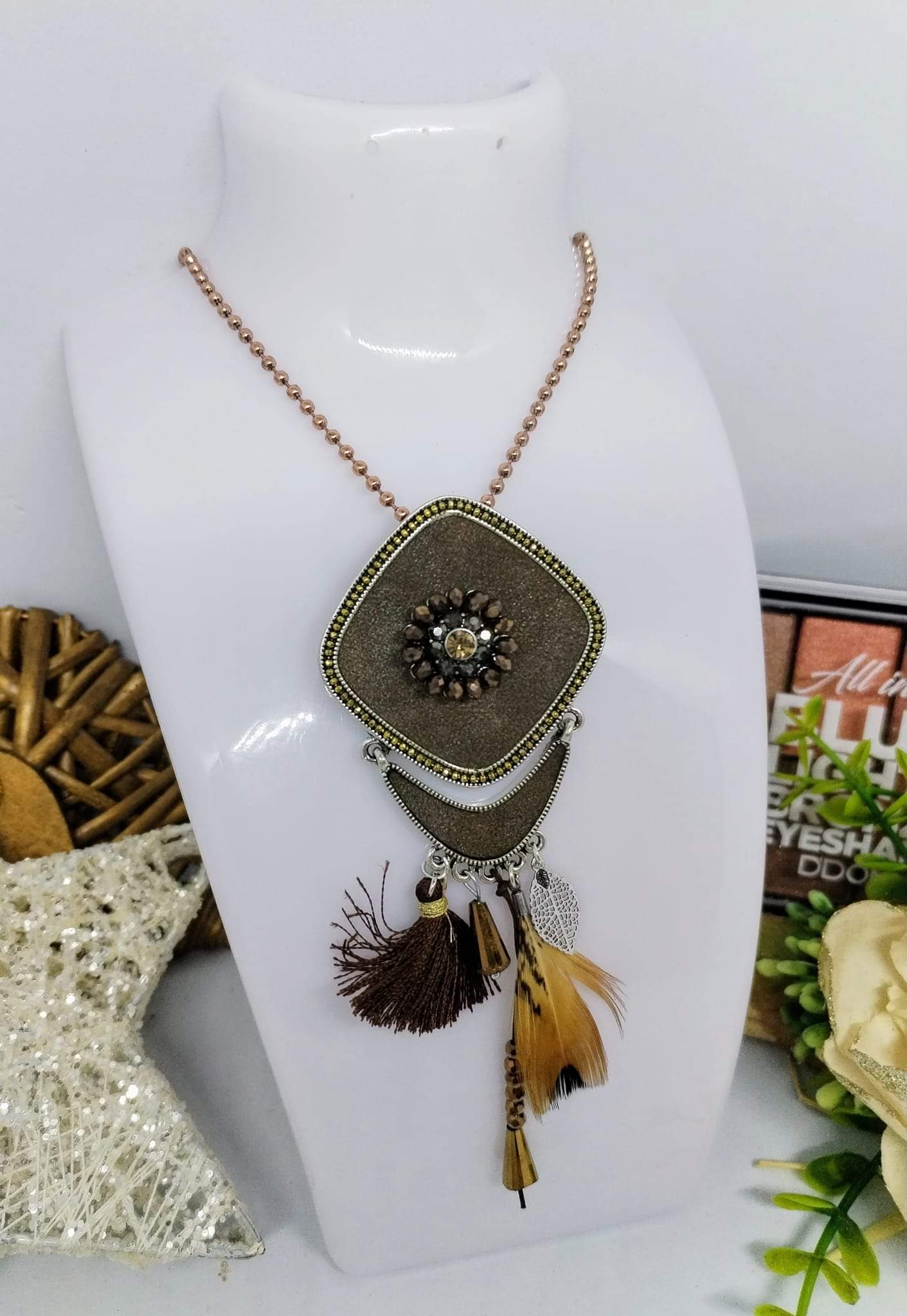 adjustable necklace with feather and brown fringe