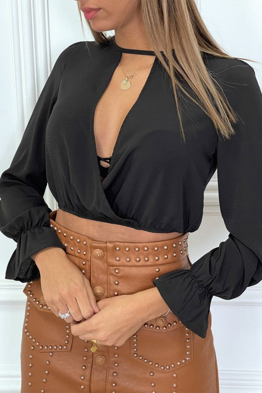 Blouse noir crop top en voilage